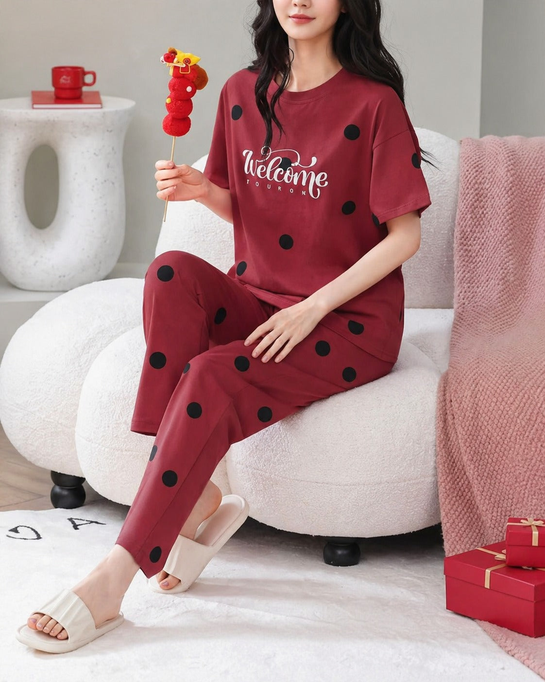 Red Welcome Printed Half Sleeves Tshirt with Pajama
