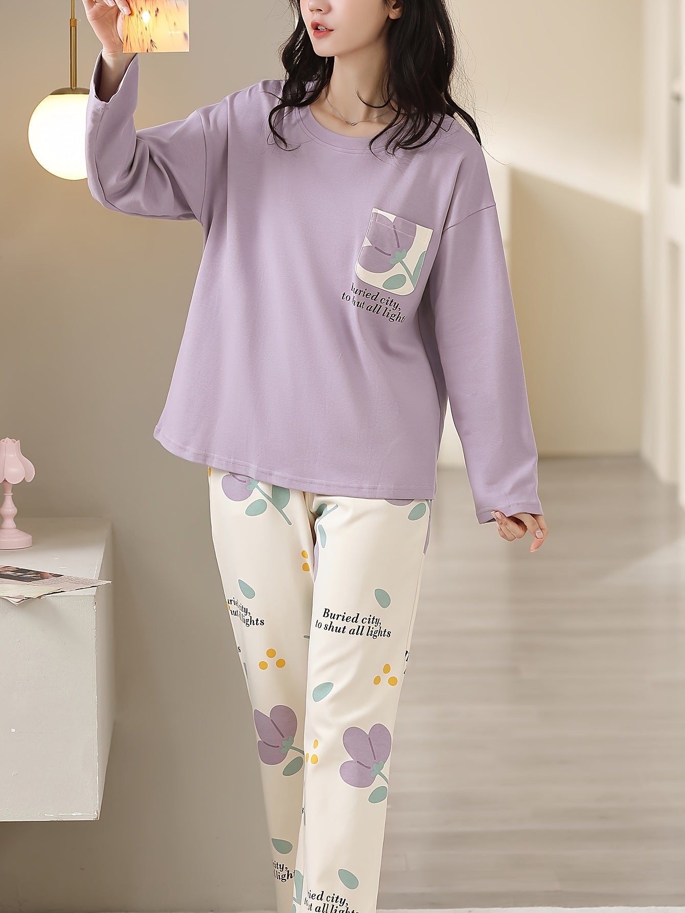 Purple Pocket Printed Night Suit