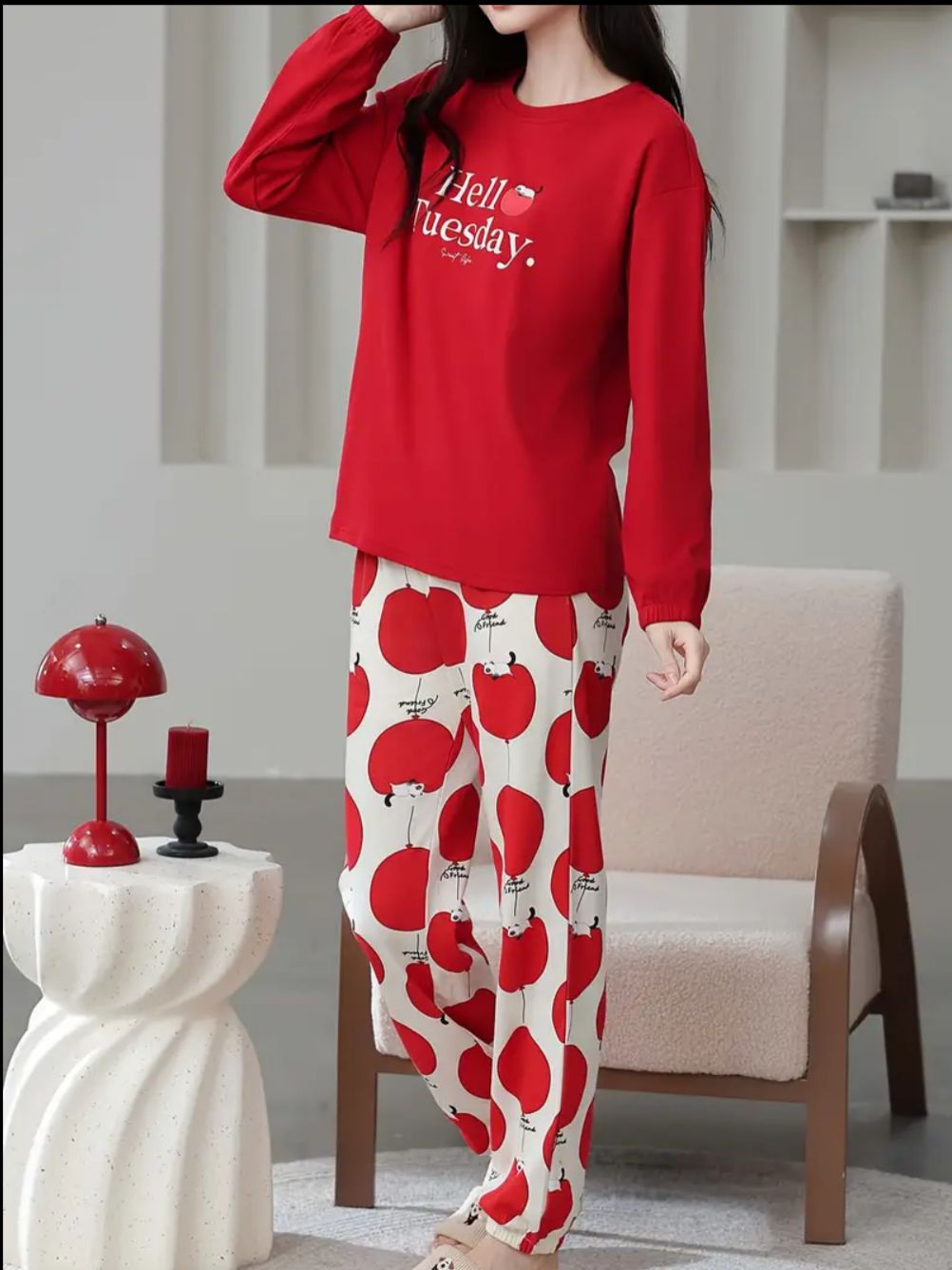 Red Hello Tuesday Printed Full Sleeves Pj