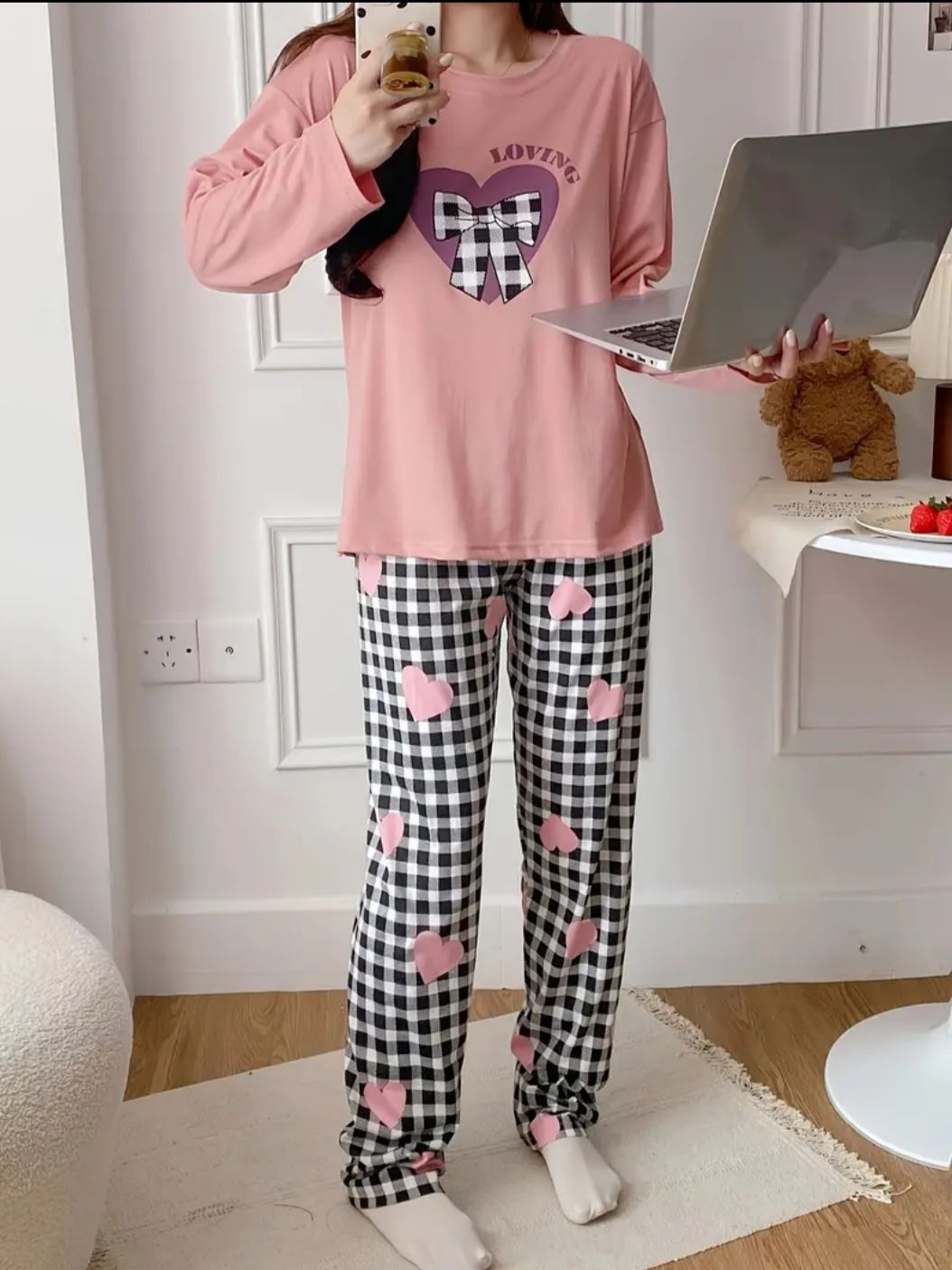 Baby Pink Loving with Check Ribbon Printed Full Sleeves PJ