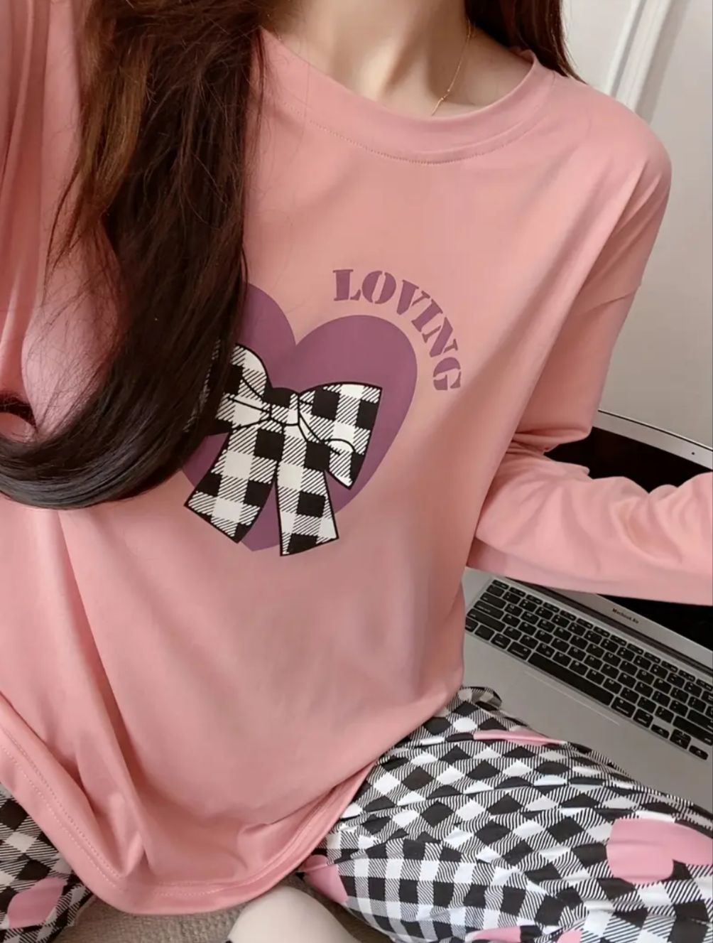 Baby Pink Loving with Check Ribbon Printed Full Sleeves PJ