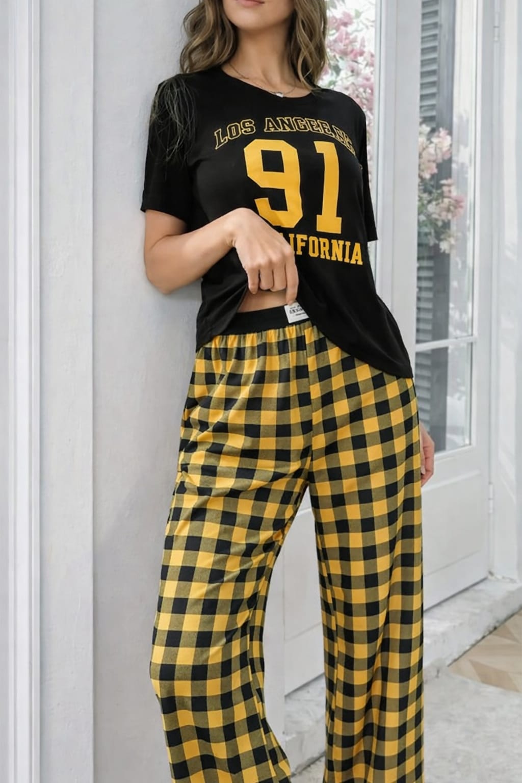 Black Los Angeles California Print Half Sleeves with Check Trouser