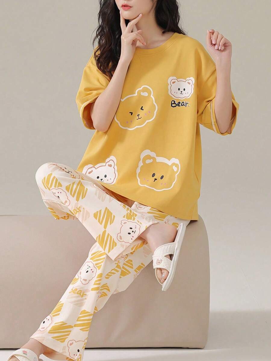 Yellow 3 Bear Printed Night Suit