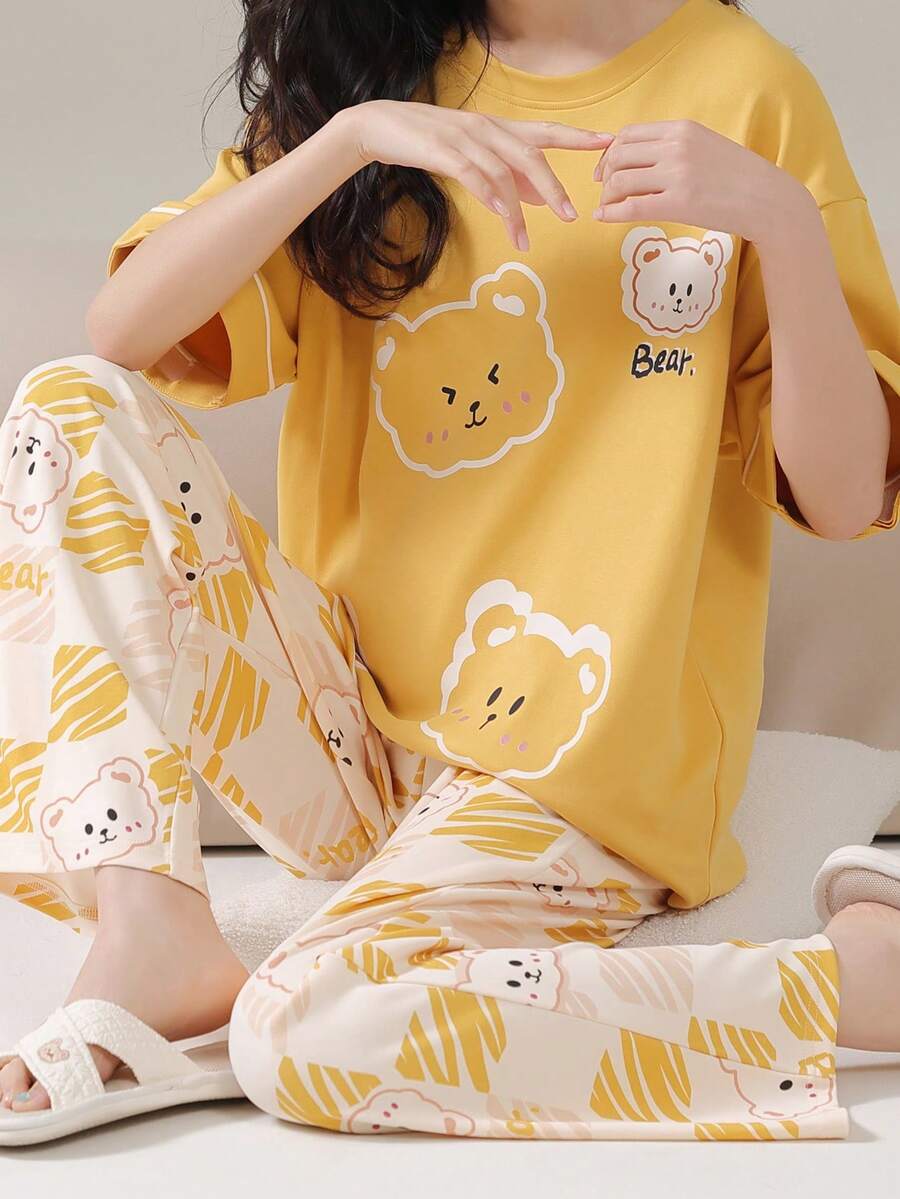 Yellow 3 Bear Printed Night Suit