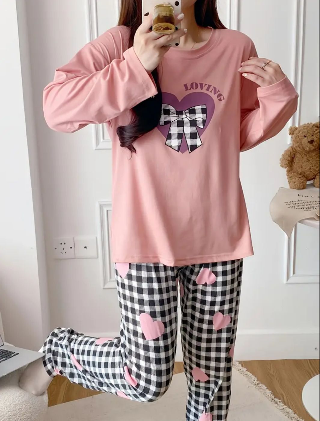 Baby Pink Loving with Check Ribbon Printed Full Sleeves PJ