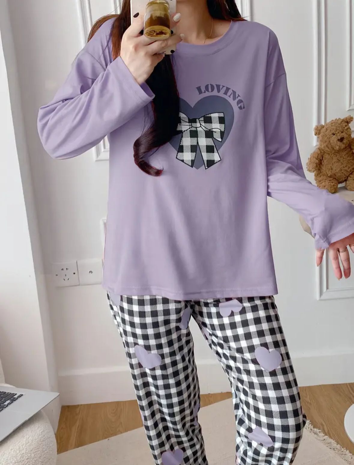 Lilac Loving with Check Ribbon Printed Full Sleeves PJ