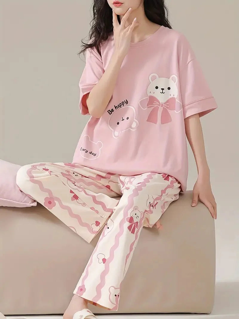 Pink Happy Bear Printed Nightsuit