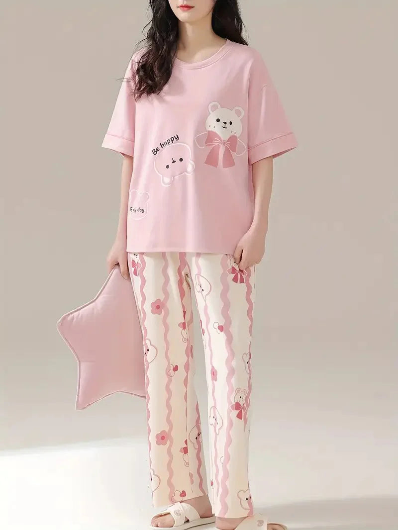 Pink Happy Bear Printed Nightsuit