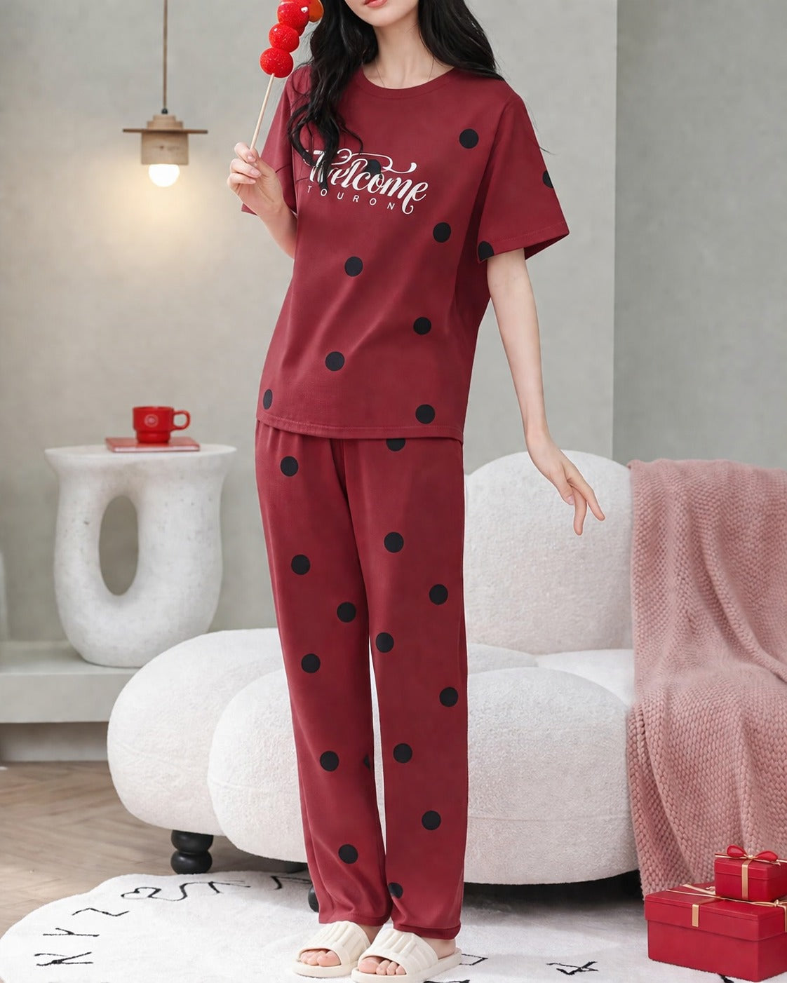 Red Welcome Printed Half Sleeves Tshirt with Pajama