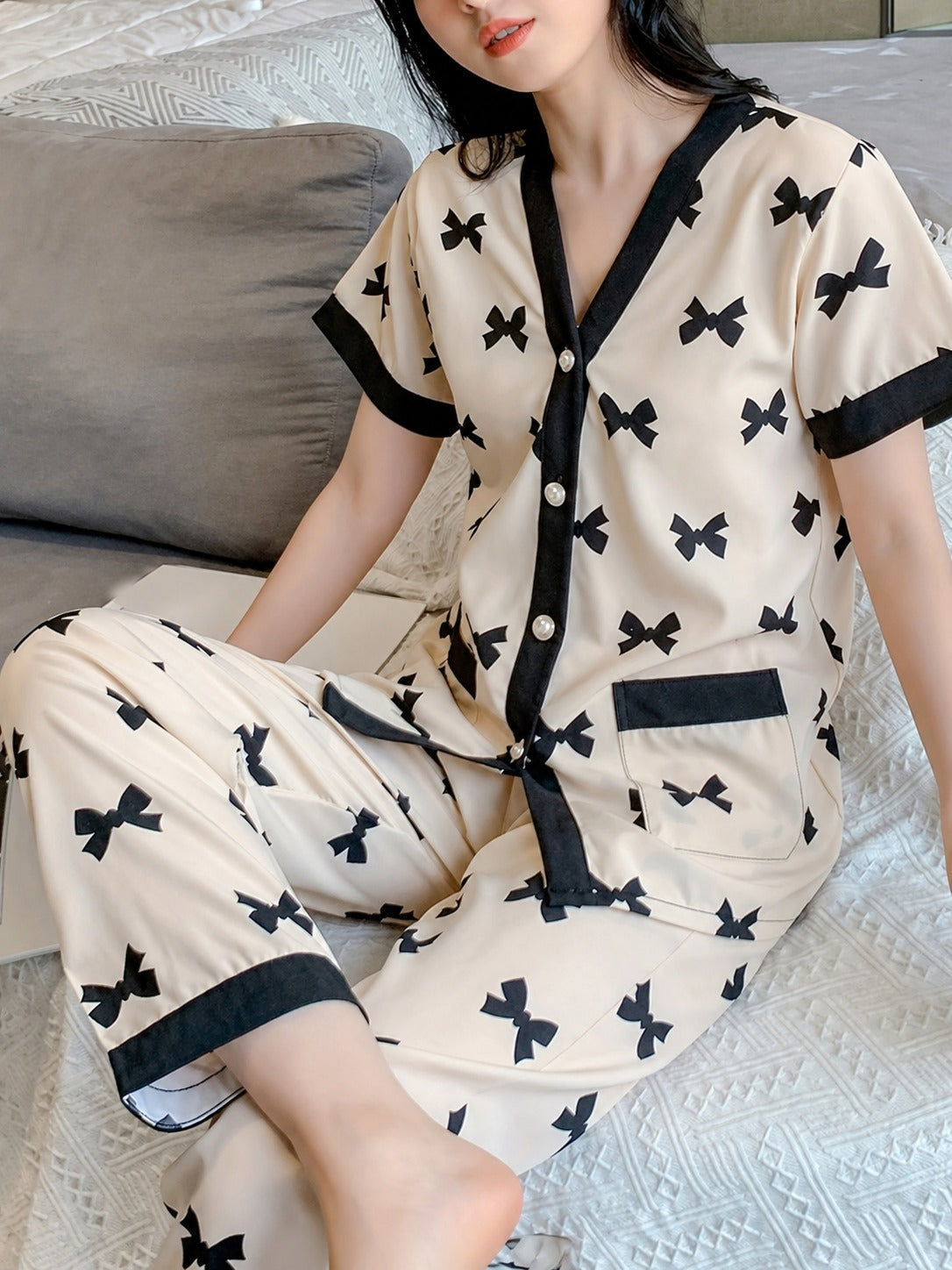 Off White with Black Midnight Bow  Printed Half Sleeves V-Neck Button PJ Set For Her