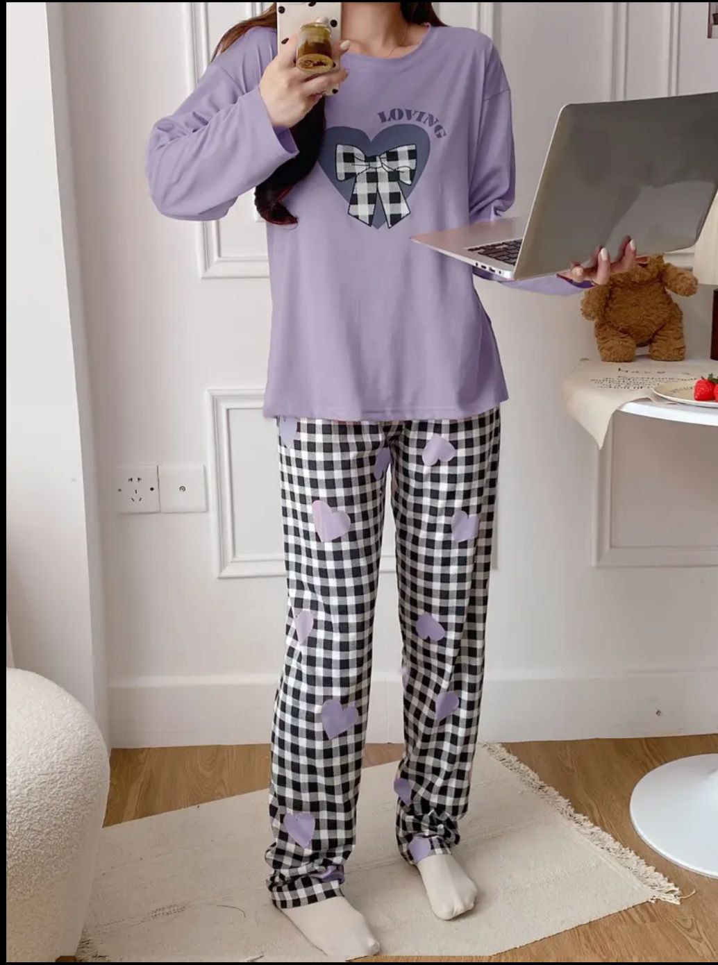 Lilac Loving with Check Ribbon Printed Full Sleeves PJ