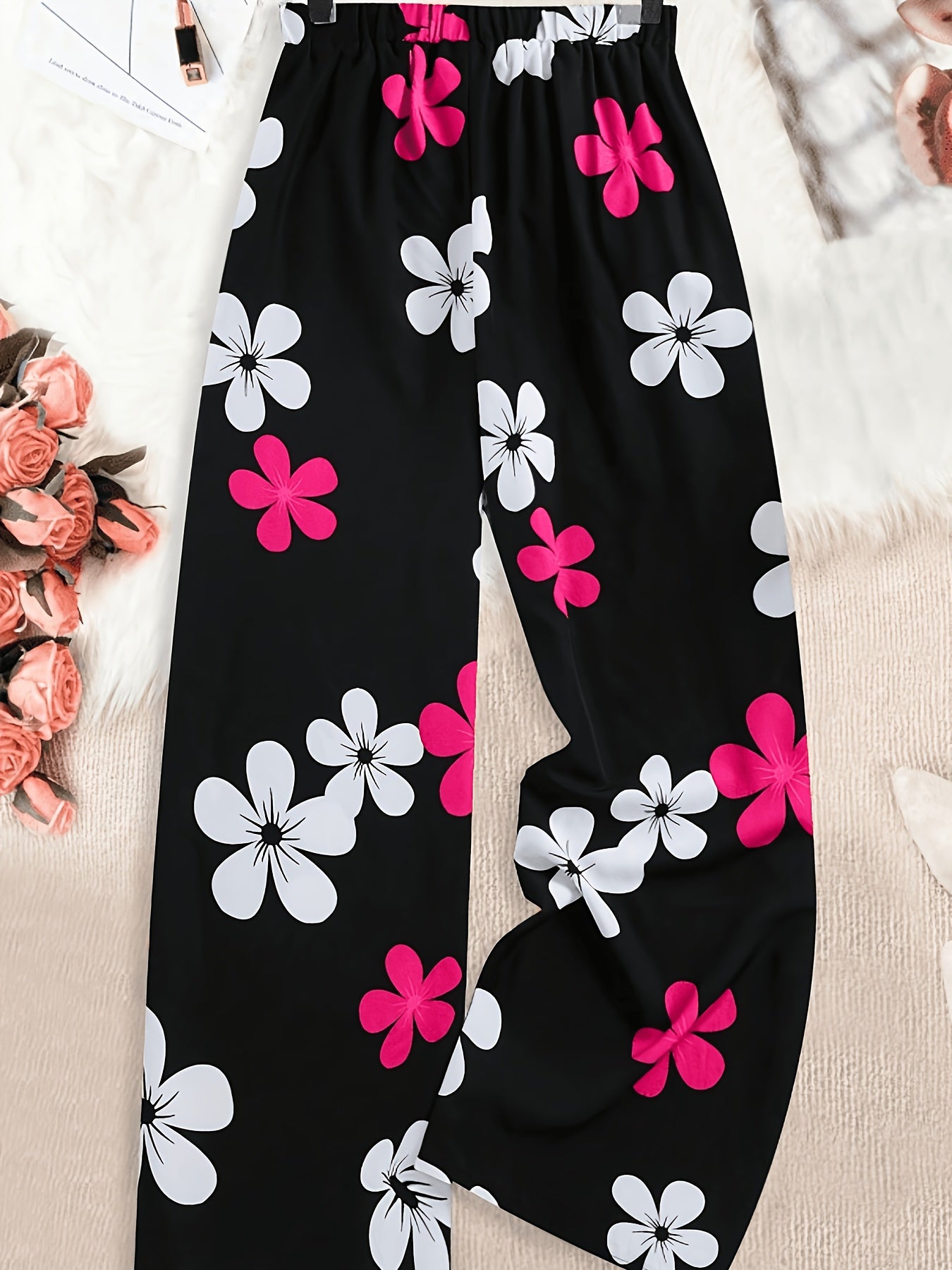 Plus Size, Vacation-style Floral Print Elastic Waistband Loose-fitting Casual Pants