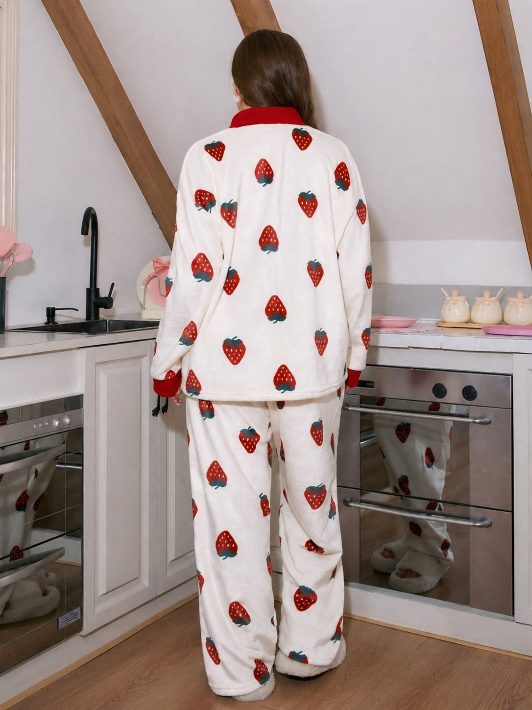 Off White All Over Strawberry Printed Full Sleeves V-Neck Button PJ Set For Her