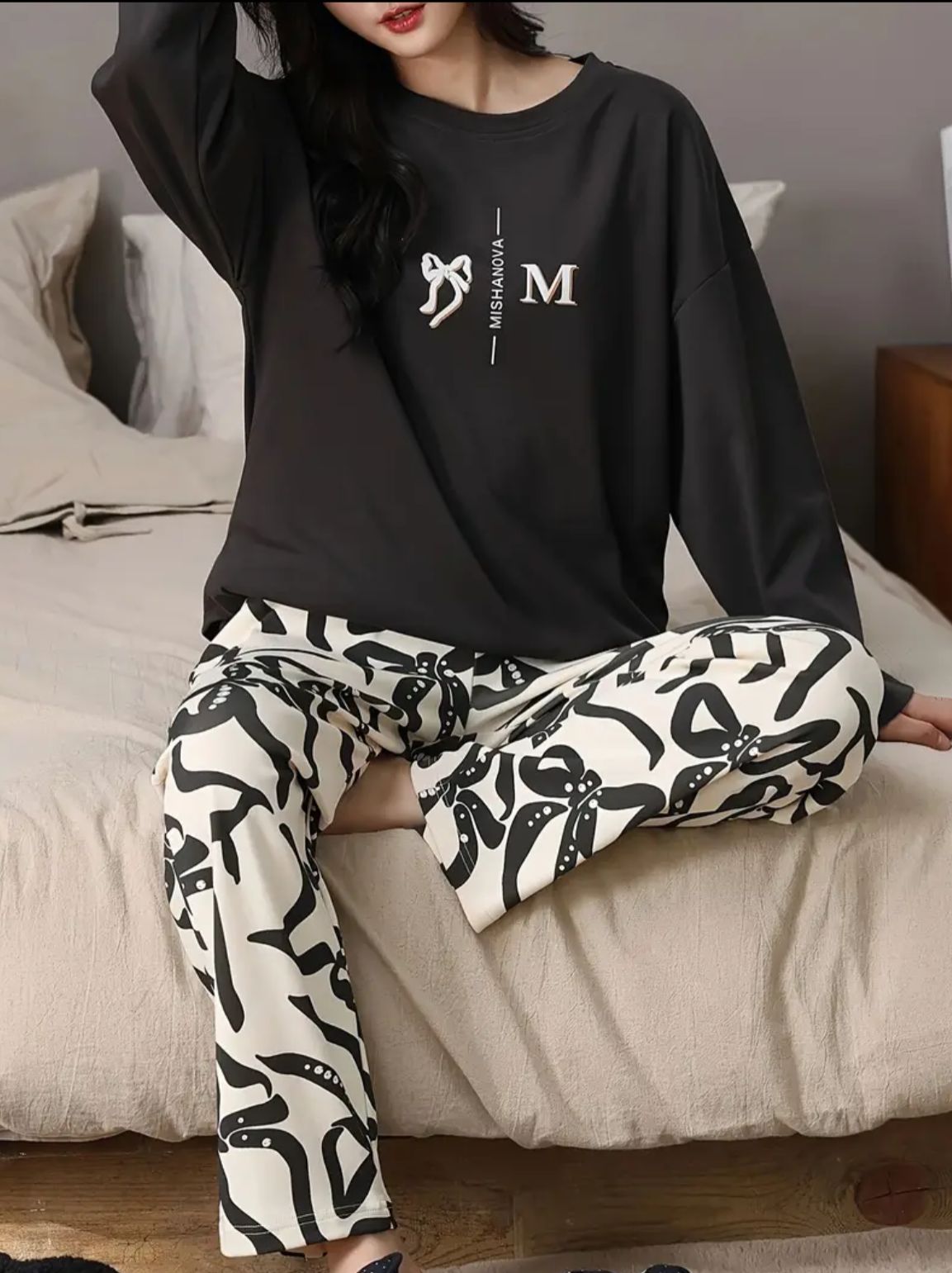 Black Ribbon Printed Full Sleeves Shirt with Off White Printed PJ