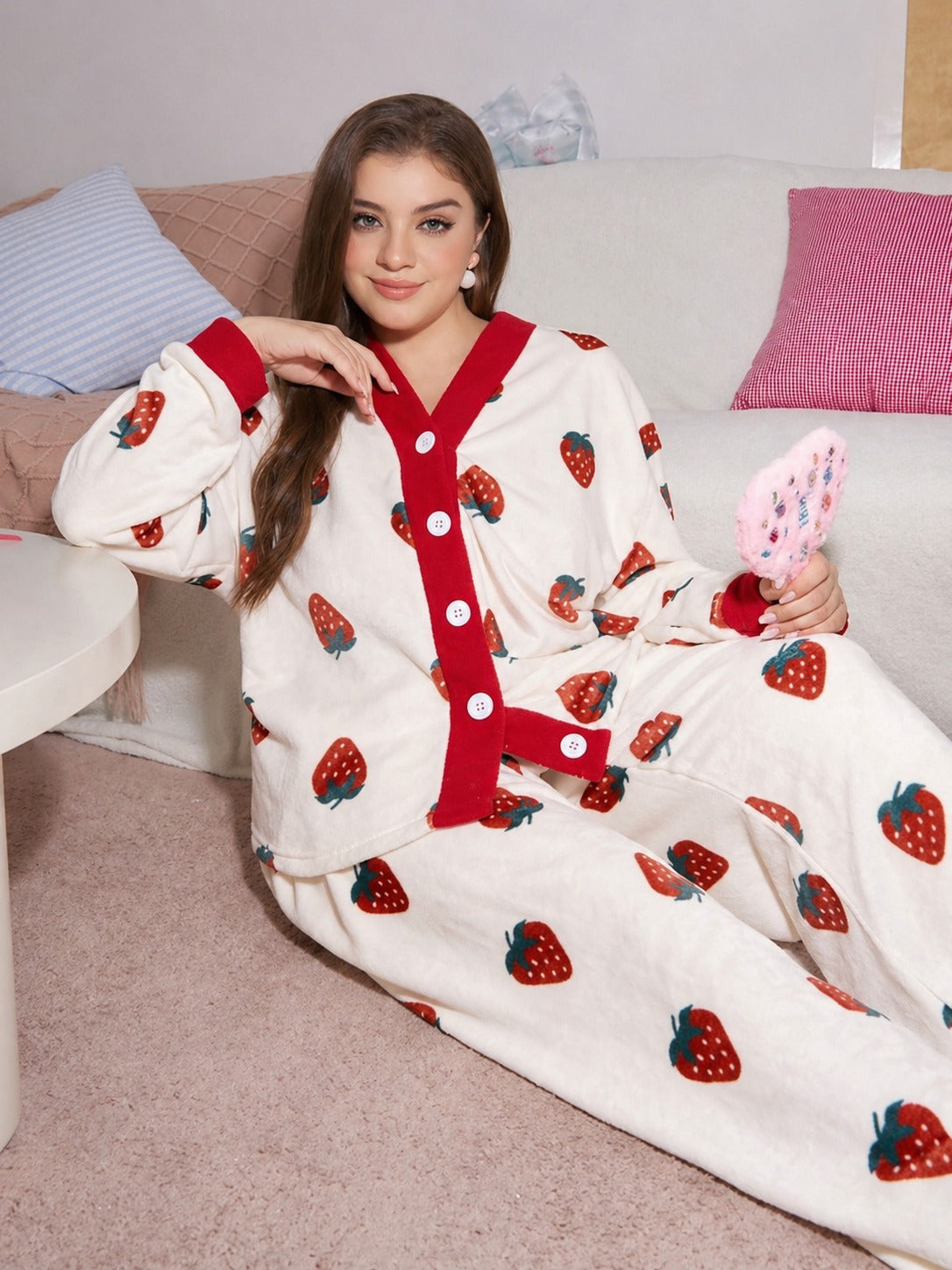Off White All Over Strawberry Printed Full Sleeves V-Neck Button PJ Set For Her