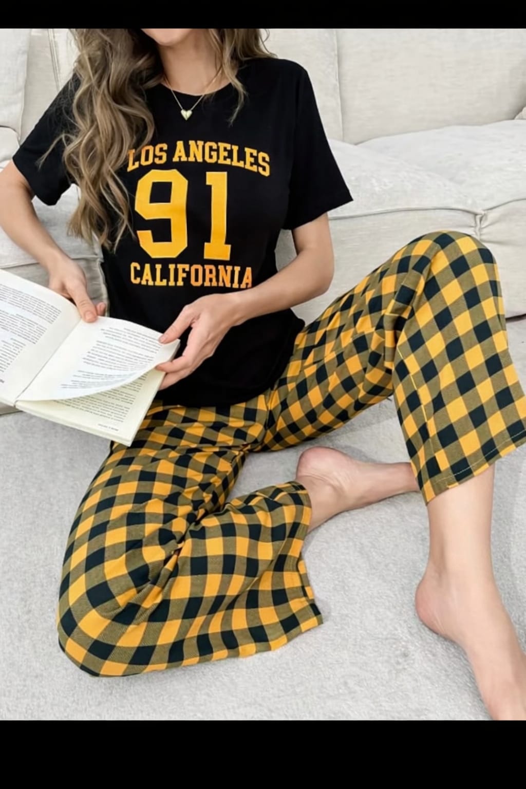 Black Los Angeles California Print Half Sleeves with Check Trouser