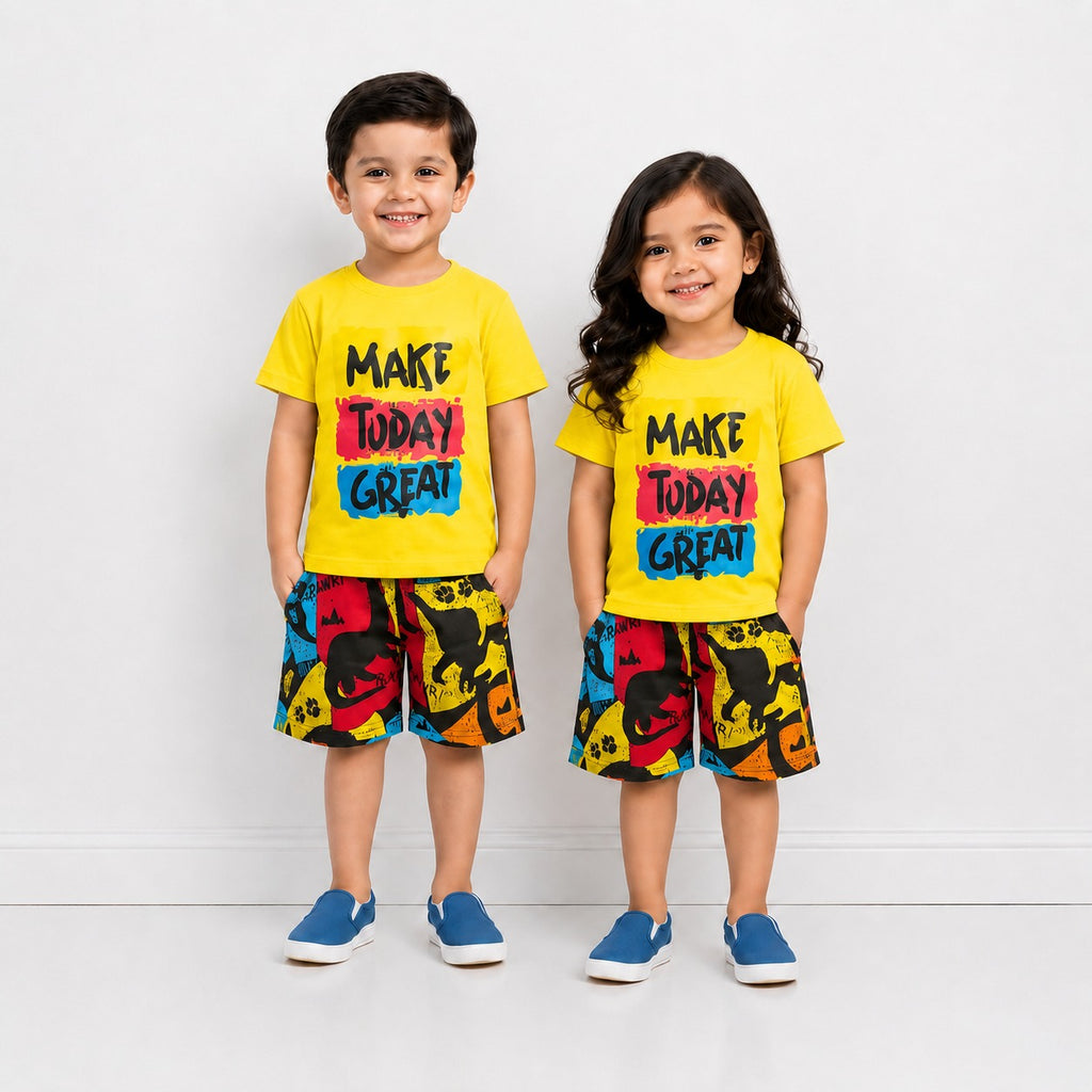 Kids Summer Graphic Tee & Shorts Set – Yellow