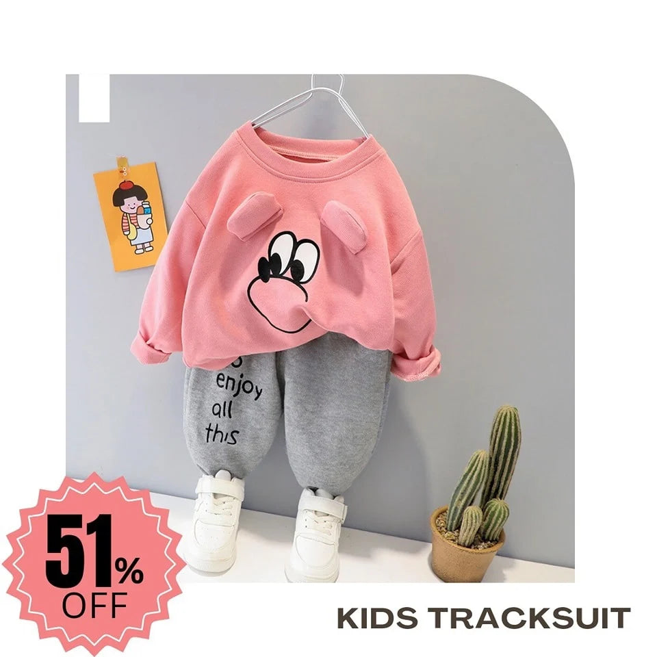 Pink Mickey Print Sweatshirt With Trouser Trendy Kids Winter Tracksuit