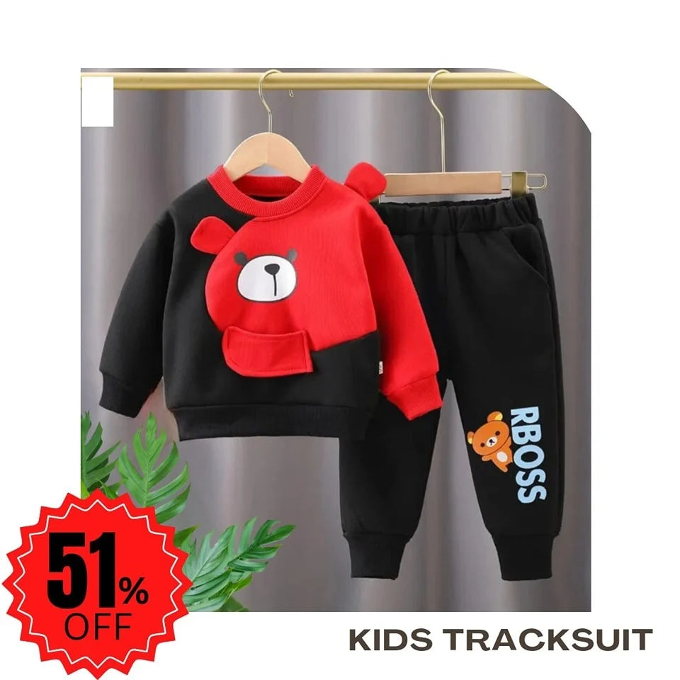 Black With Red Bear Sweatshirt With Trouser Trendy Kids Winter Tracksuit