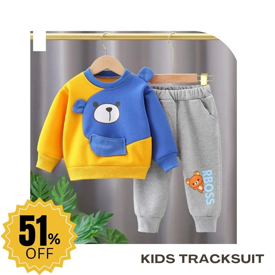 Yellow With Blue Bear Sweatshirt With Trouser Trendy Kids Winter Tracksuit