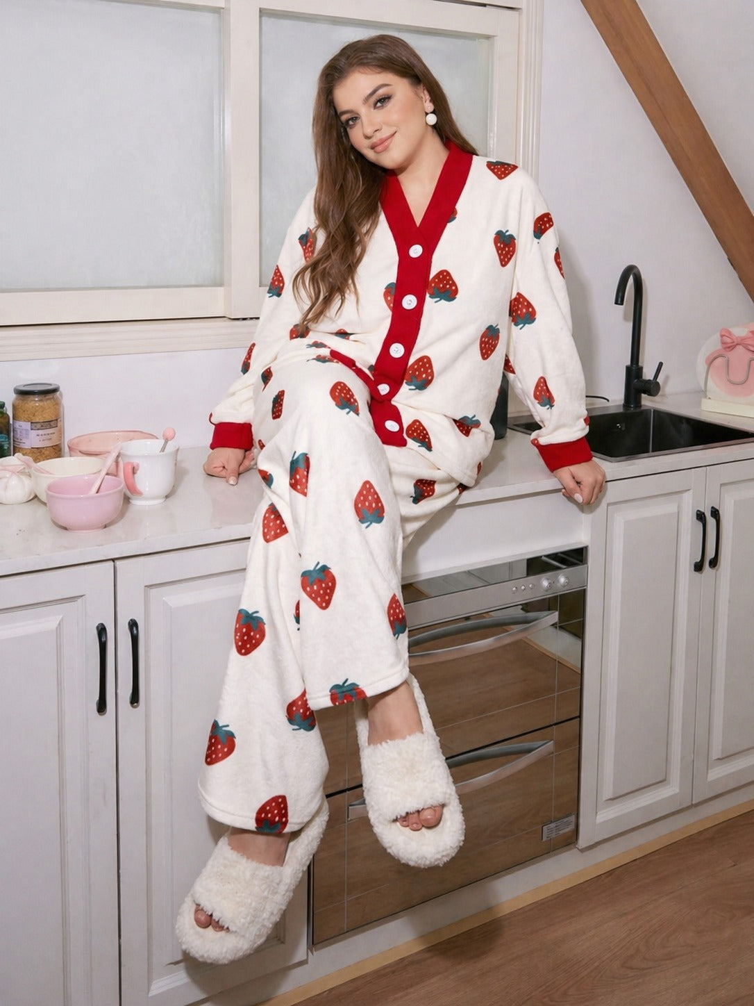 Off White All Over Strawberry Printed Full Sleeves V-Neck Button PJ Set For Her