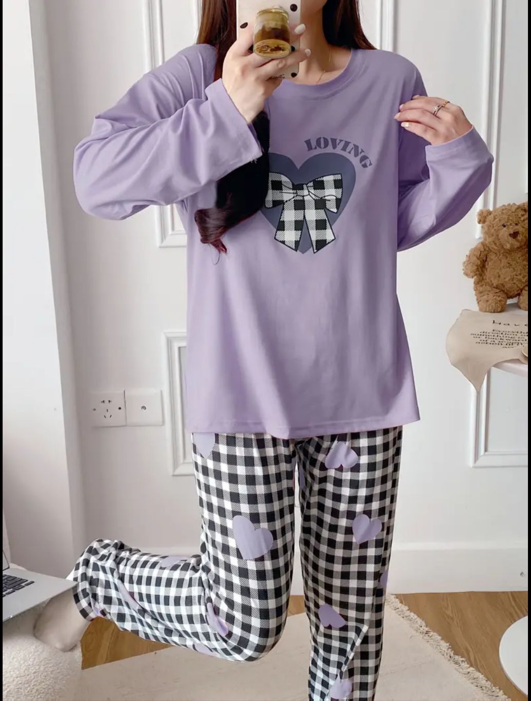 Lilac Loving with Check Ribbon Printed Full Sleeves PJ