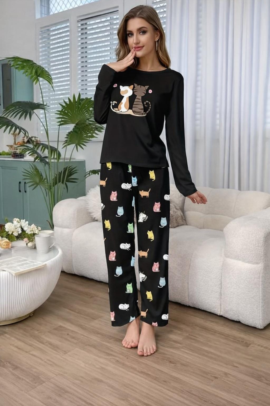 Black Cats Print Full Sleeves With Printed Trouser