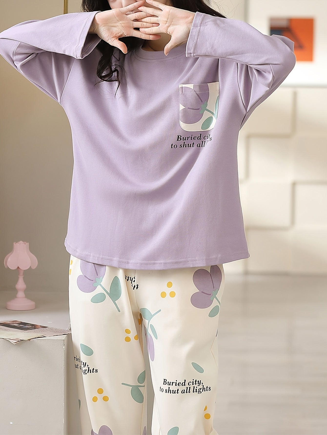 Purple Pocket Printed Night Suit