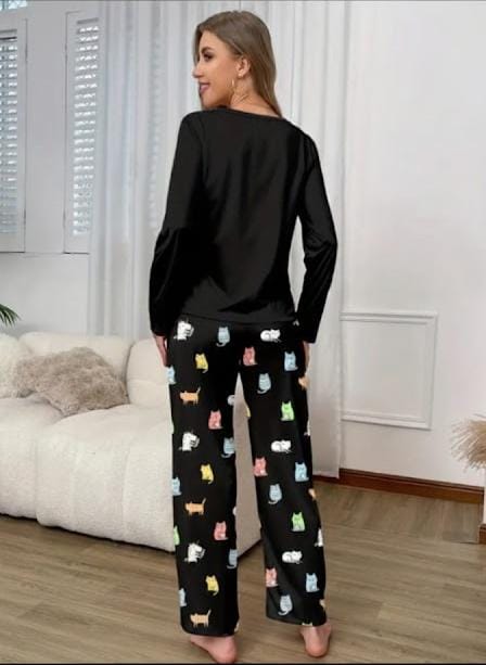 Black Cats Print Full Sleeves With Printed Trouser