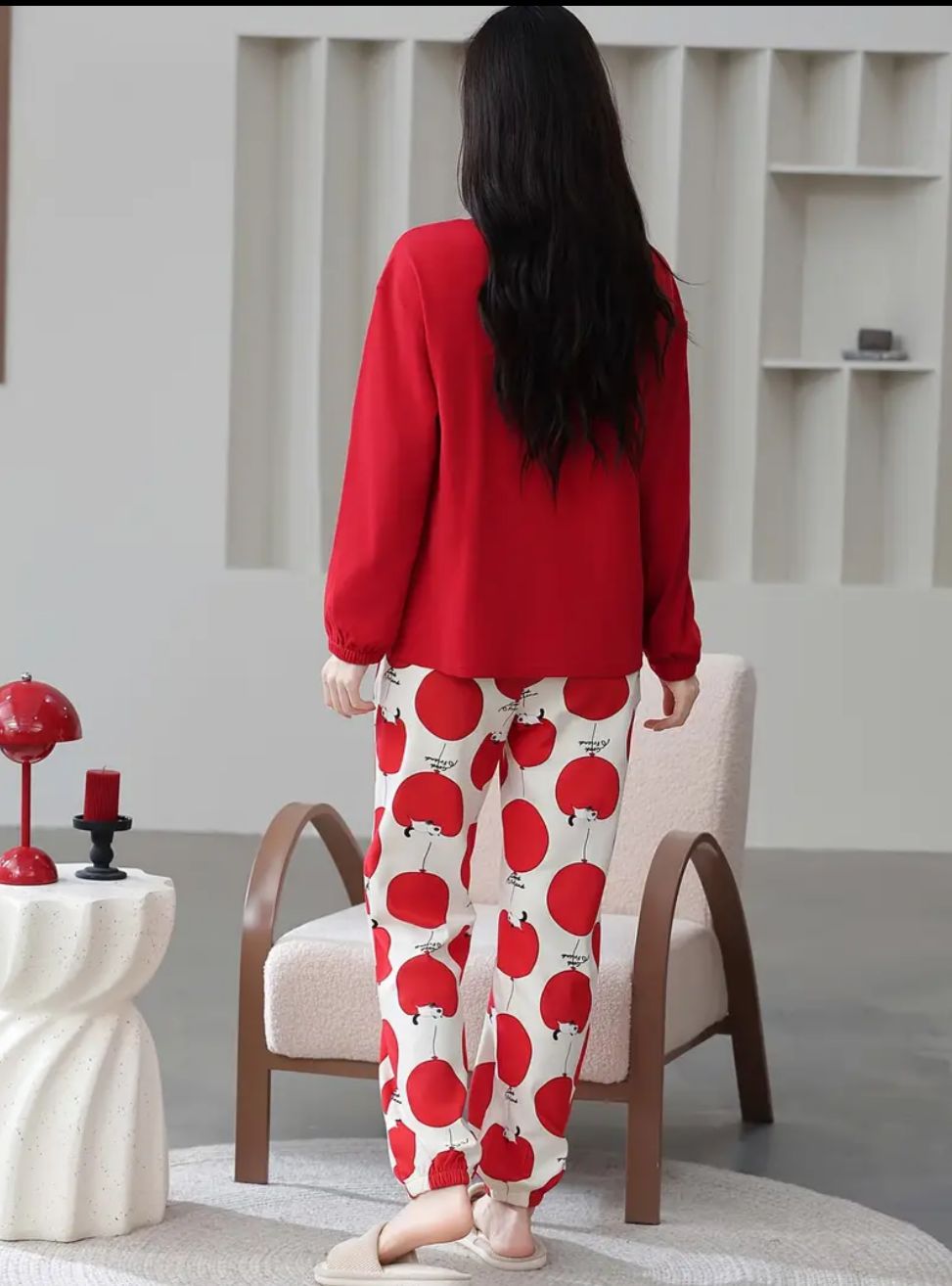 Red Hello Tuesday Printed Full Sleeves Pj
