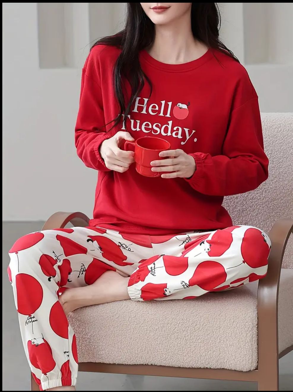 Red Hello Tuesday Printed Full Sleeves Pj