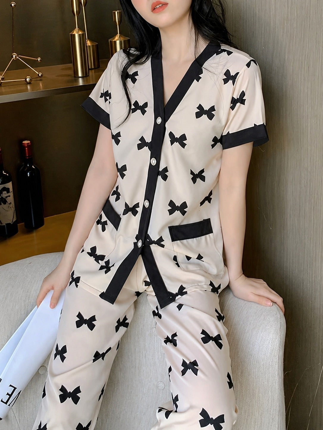 Off White with Black Midnight Bow  Printed Half Sleeves V-Neck Button PJ Set For Her