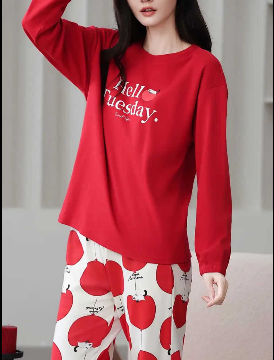 Red Hello Tuesday Printed Full Sleeves Pj