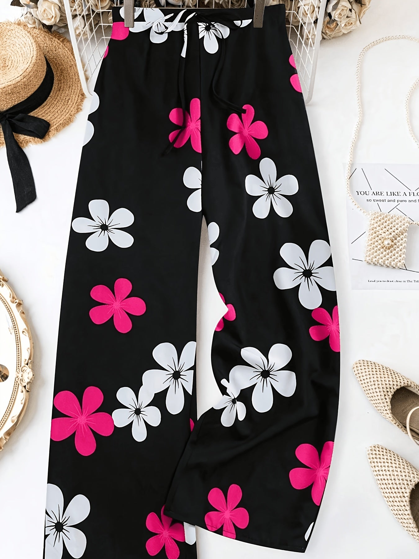 Plus Size, Vacation-style Floral Print Elastic Waistband Loose-fitting Casual Pants