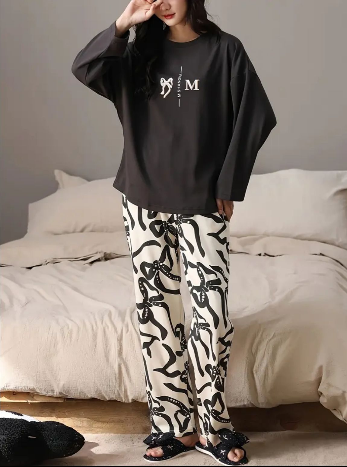 Black Ribbon Printed Full Sleeves Shirt with Off White Printed PJ