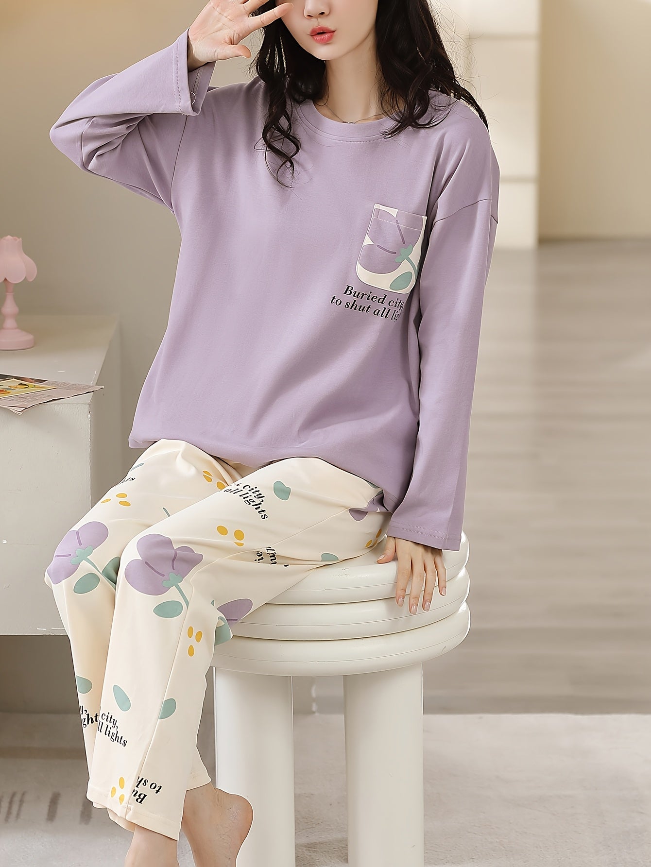 Purple Pocket Printed Night Suit
