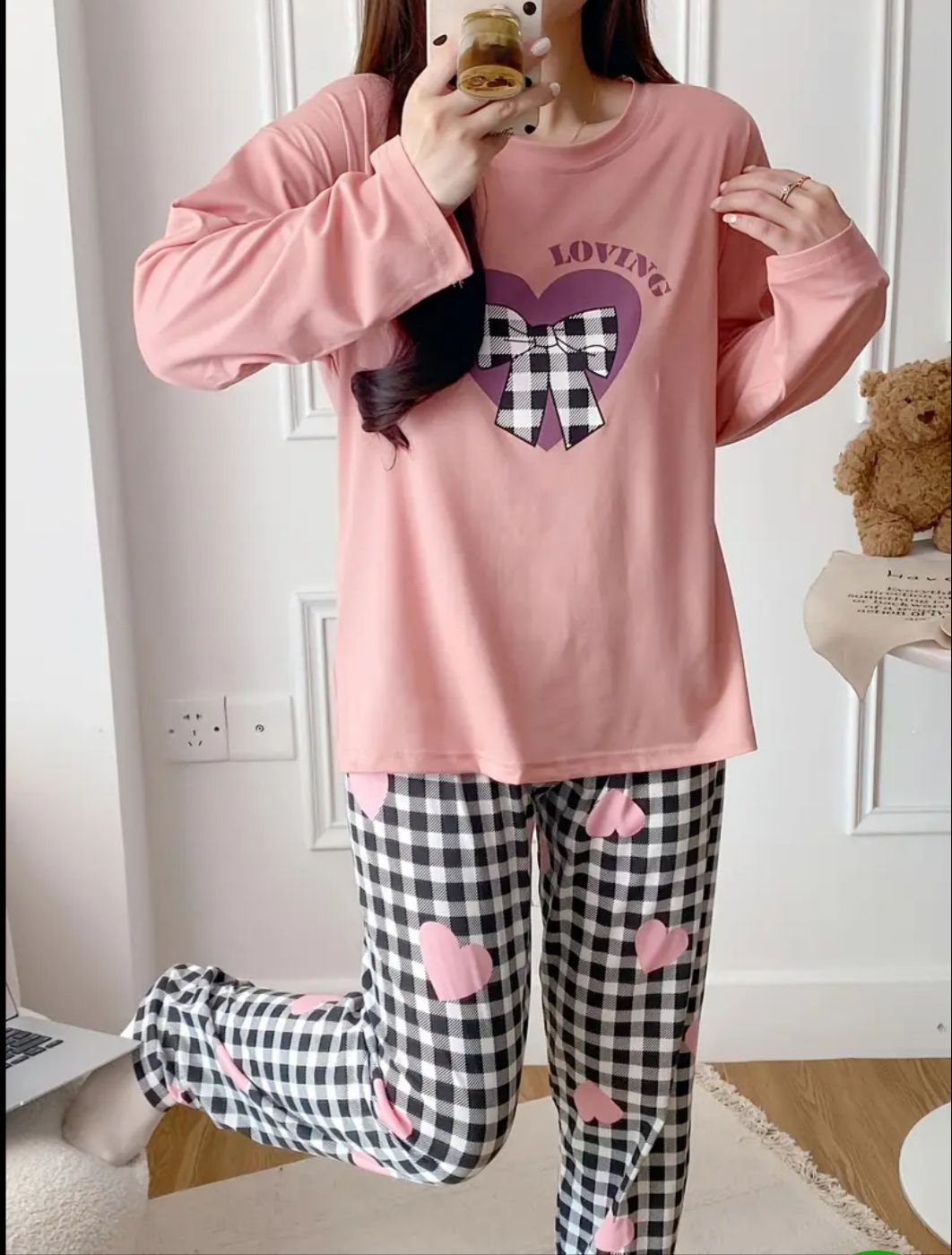 Baby Pink Loving with Check Ribbon Printed Full Sleeves PJ