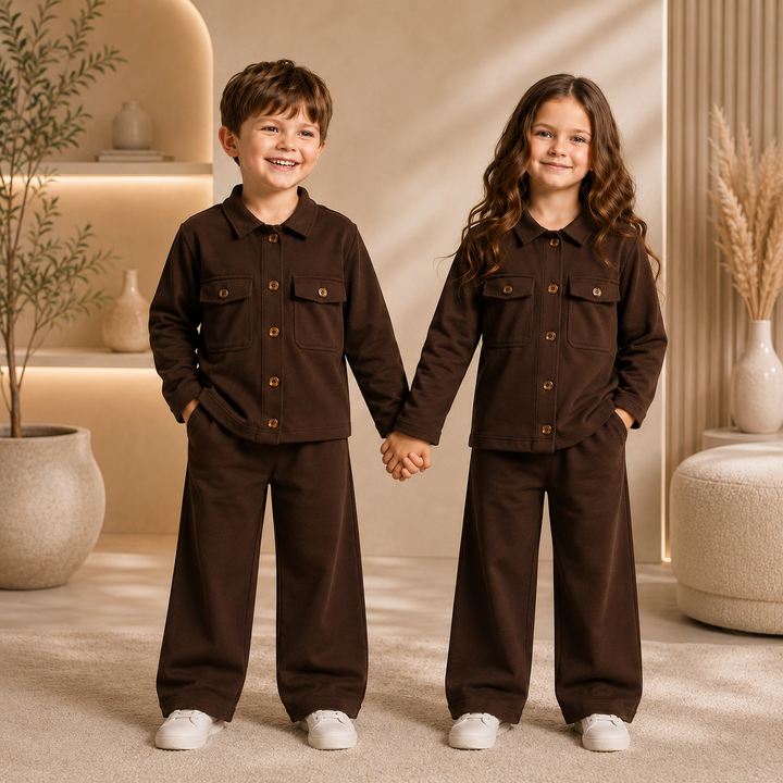 Kids Stylish Button-Up Co-Ord Set – Chocolate Brown