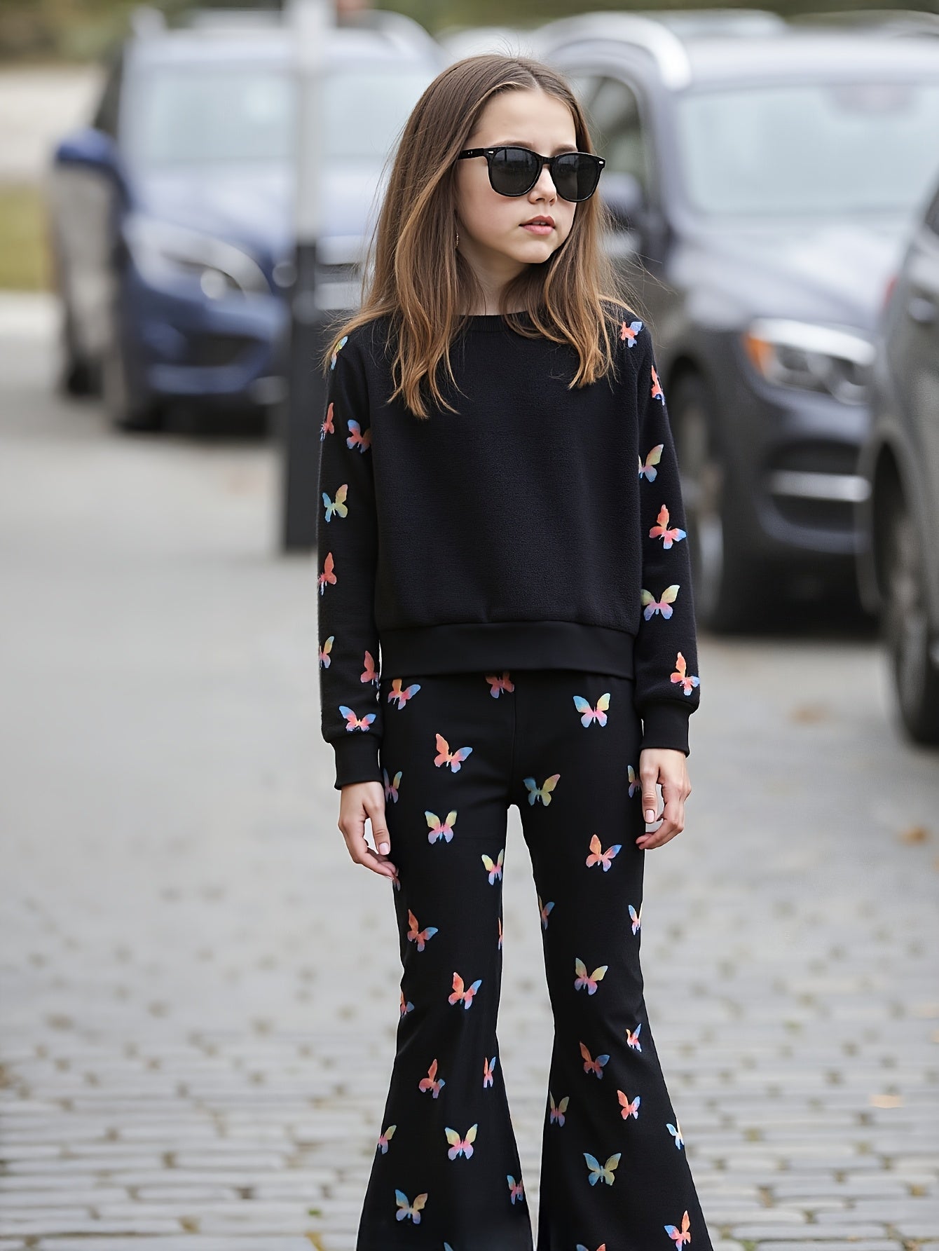 A young girl wearing a matching black two-piece outfit with a colorful butterfly print, styled with black sunglasses, standing on a cobblestone street with parked cars in the background.