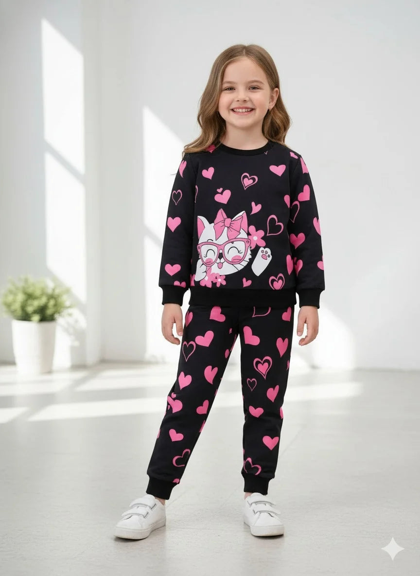 A young girl stands in a bright, modern room wearing a matching black two-piece pajama set with pink hearts and a cartoon cat graphic. The set includes a long-sleeve sweatshirt and jogger pants, paired with white sneakers.