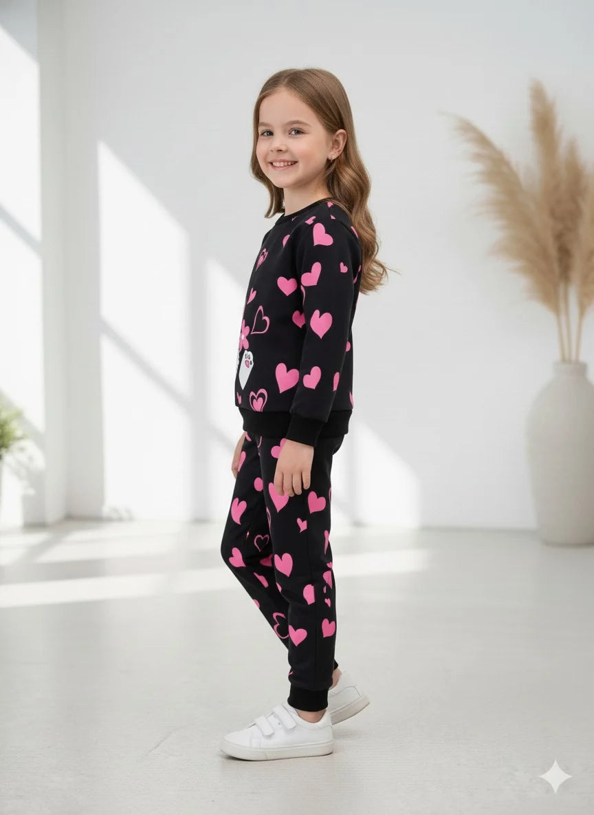 A young girl with light brown hair stands in a bright, modern room wearing a black two-piece pajama set with a pink heart pattern. The set includes a long-sleeve top and matching pants, paired with white sneakers.