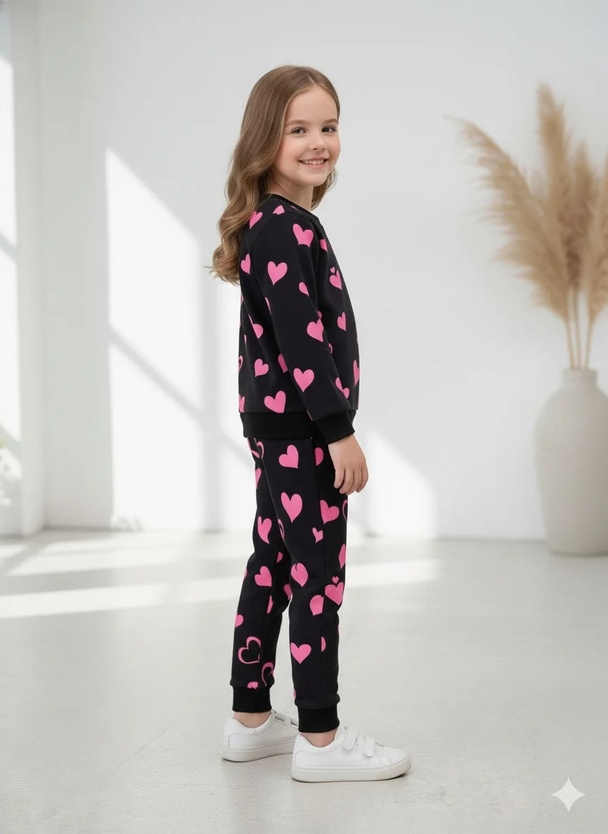 A young girl with long light brown hair stands in profile wearing a black two-piece pajama set with a pink heart pattern, paired with white sneakers, in a bright, modern room with a vase of pampas grass in the background.