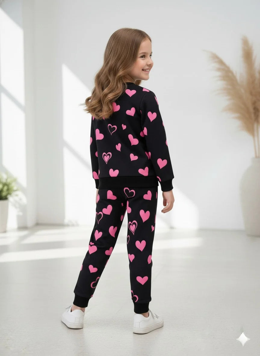 A young girl with long light brown hair is shown from behind wearing a matching black sweatshirt and jogger pants set, both covered in a pink heart pattern. She is standing in a bright, modern room with white walls and light-colored flooring.