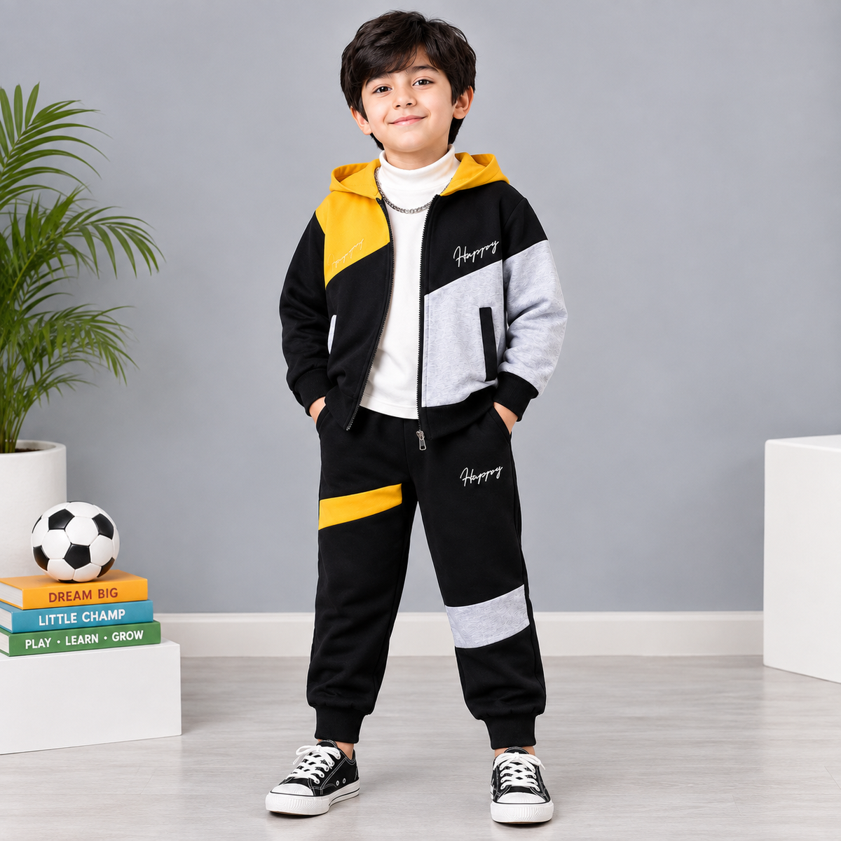 Boys Winter Fleece Hooded Tracksuit Set – Black, Mustard & Grey (R-15)