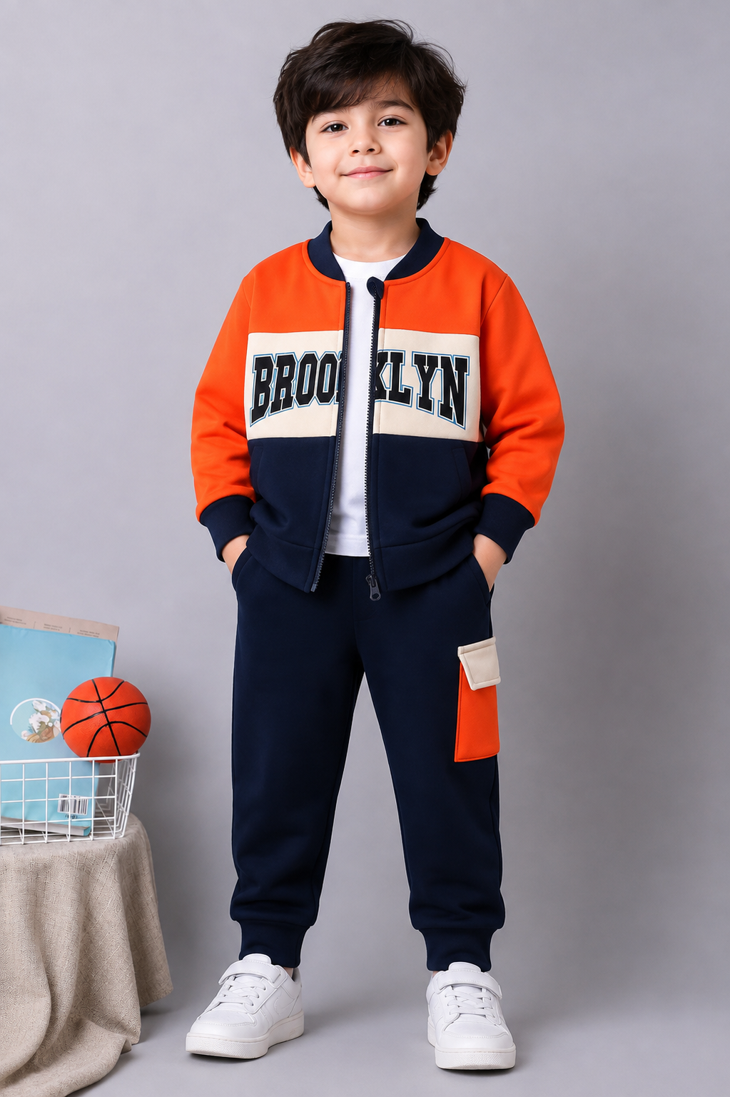 Boys Winter Fleece Varsity Tracksuit Set – Orange, Navy & Off-White (R-14)
