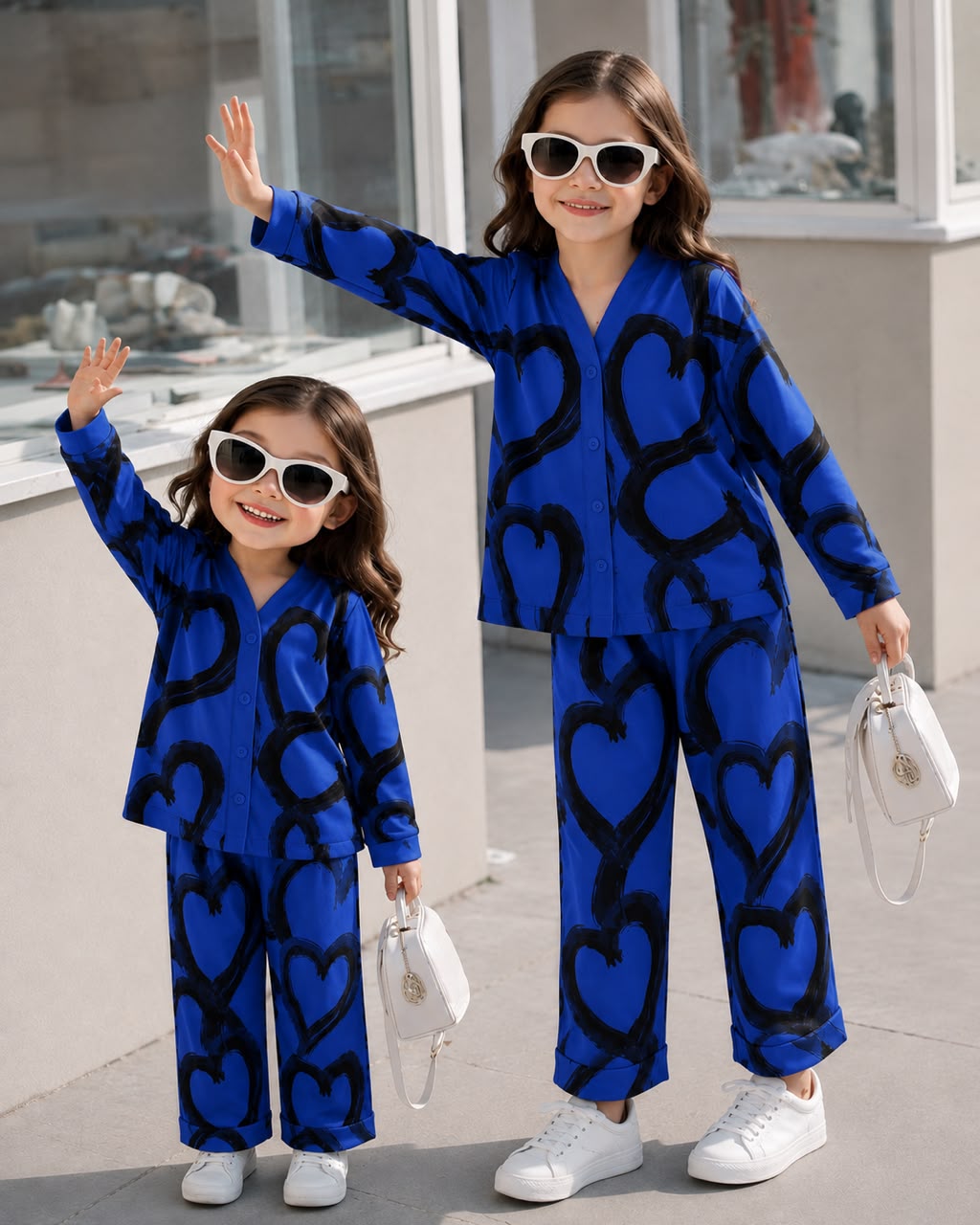 A woman and a young girl wearing matching royal blue pajama sets with a black heart pattern, styled with white sunglasses, white sneakers, and white handbags.