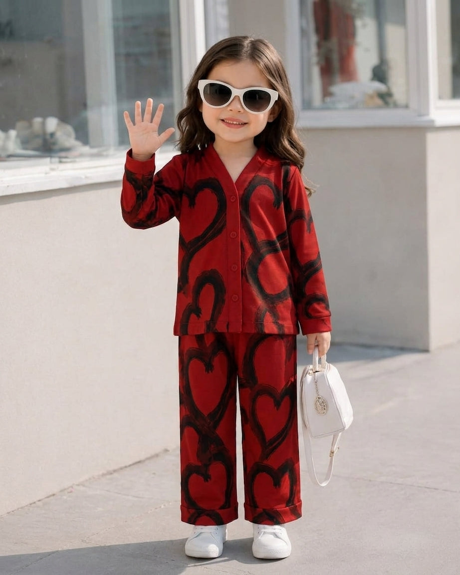 A young girl wearing a red and black heart-patterned long-sleeve pajama set, white sunglasses, and white sneakers, holding a small white handbag and waving outdoors.
