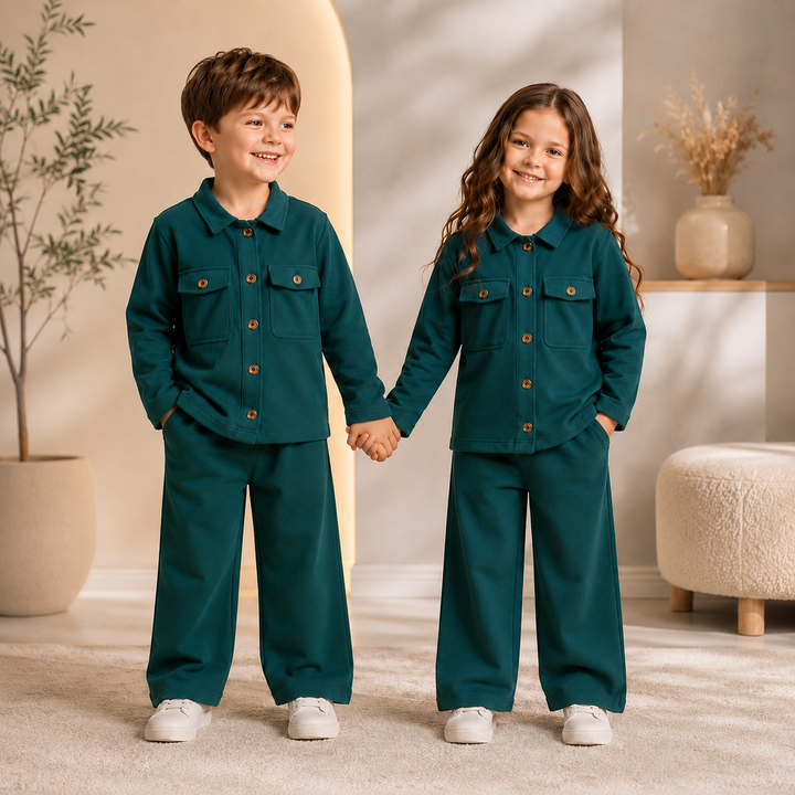 Kids Stylish Button-Up Co-Ord Set – Teal Green