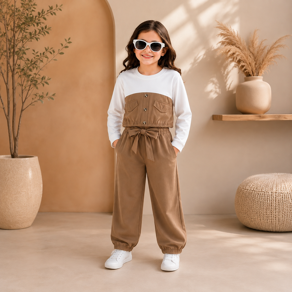 Girls Chic Colorblock Jumpsuit – Warm Brown
