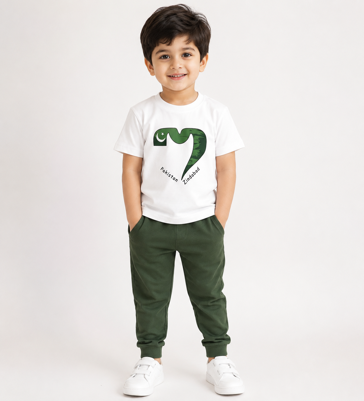 Smiling boy in Pakistan Zindabad T-shirt Only